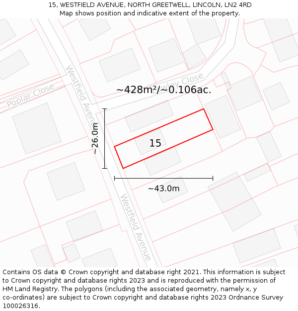 15, WESTFIELD AVENUE, NORTH GREETWELL, LINCOLN, LN2 4RD: Plot and title map