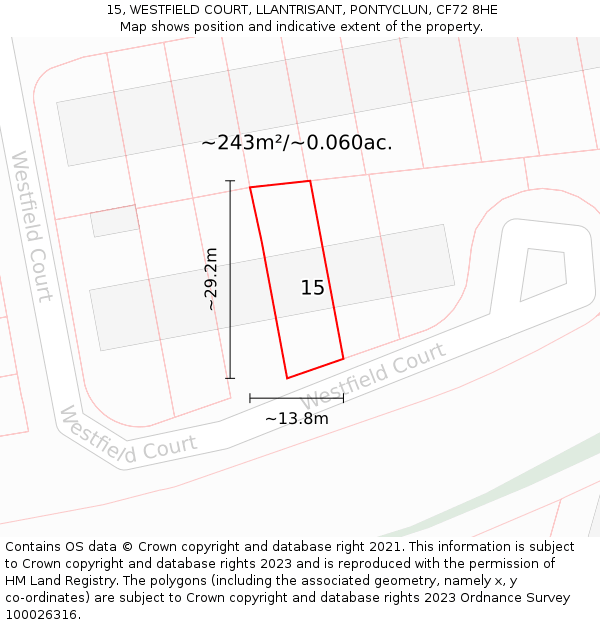 15, WESTFIELD COURT, LLANTRISANT, PONTYCLUN, CF72 8HE: Plot and title map