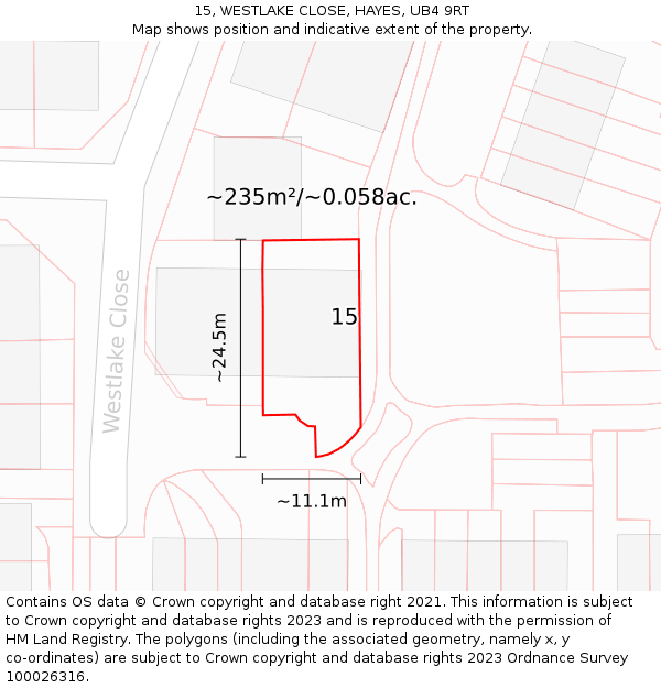 15, WESTLAKE CLOSE, HAYES, UB4 9RT: Plot and title map