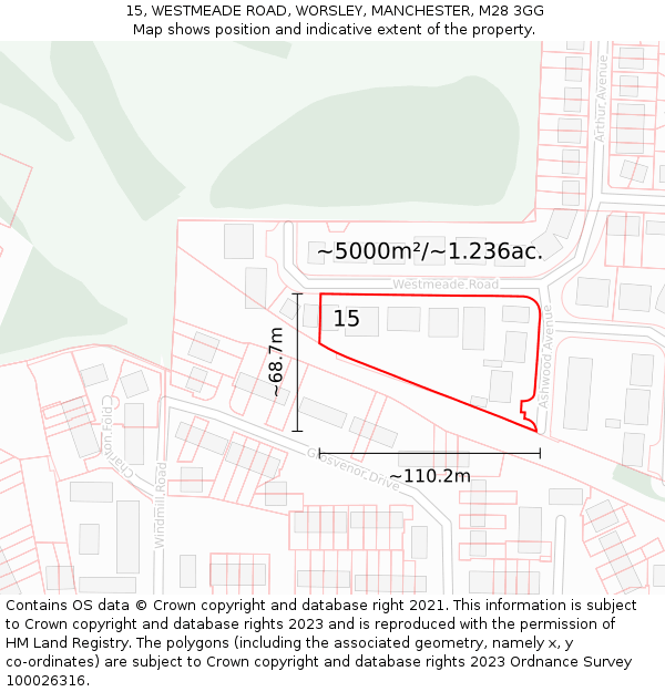 15, WESTMEADE ROAD, WORSLEY, MANCHESTER, M28 3GG: Plot and title map