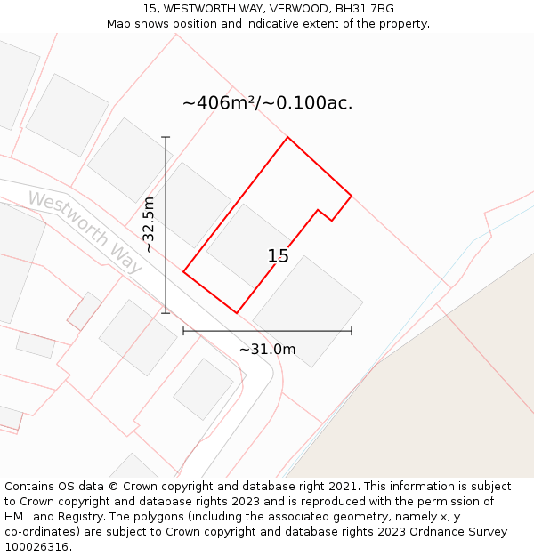 15, WESTWORTH WAY, VERWOOD, BH31 7BG: Plot and title map