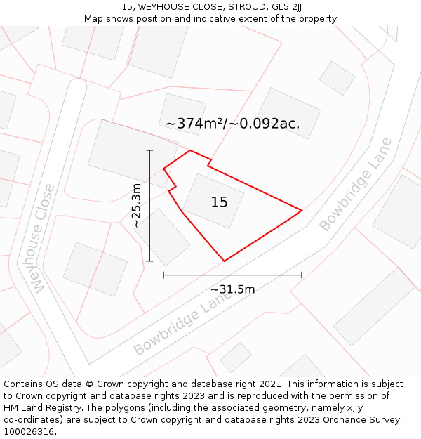 15, WEYHOUSE CLOSE, STROUD, GL5 2JJ: Plot and title map