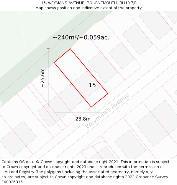 15, WEYMANS AVENUE, BOURNEMOUTH, BH10 7JR: Plot and title map