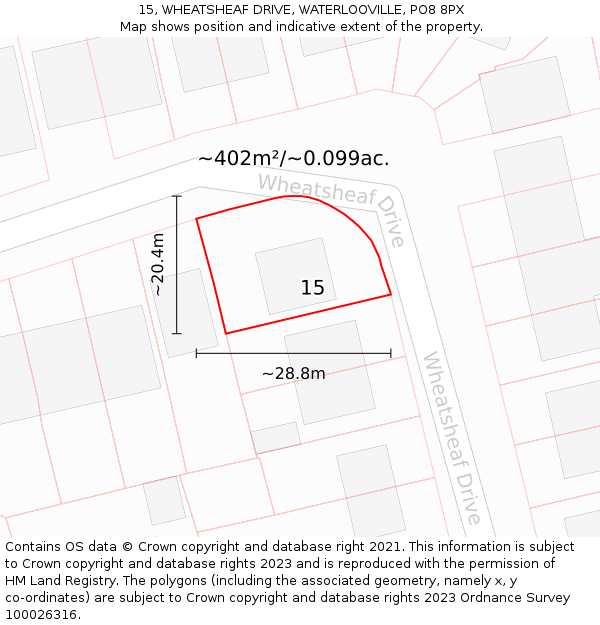 15, WHEATSHEAF DRIVE, WATERLOOVILLE, PO8 8PX: Plot and title map