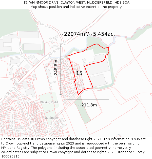 15, WHINMOOR DRIVE, CLAYTON WEST, HUDDERSFIELD, HD8 9QA: Plot and title map