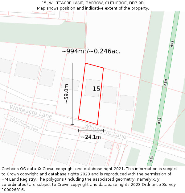 15, WHITEACRE LANE, BARROW, CLITHEROE, BB7 9BJ: Plot and title map