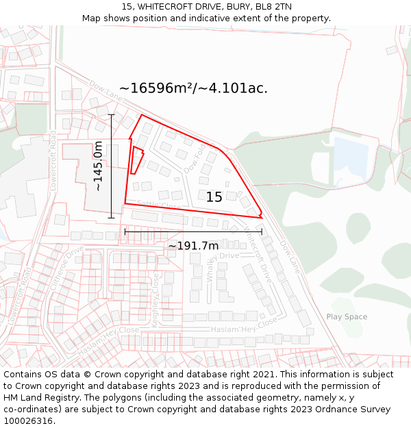 15, WHITECROFT DRIVE, BURY, BL8 2TN: Plot and title map