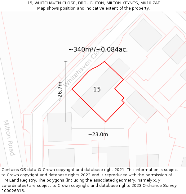 15, WHITEHAVEN CLOSE, BROUGHTON, MILTON KEYNES, MK10 7AF: Plot and title map