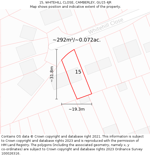 15, WHITEHILL CLOSE, CAMBERLEY, GU15 4JR: Plot and title map