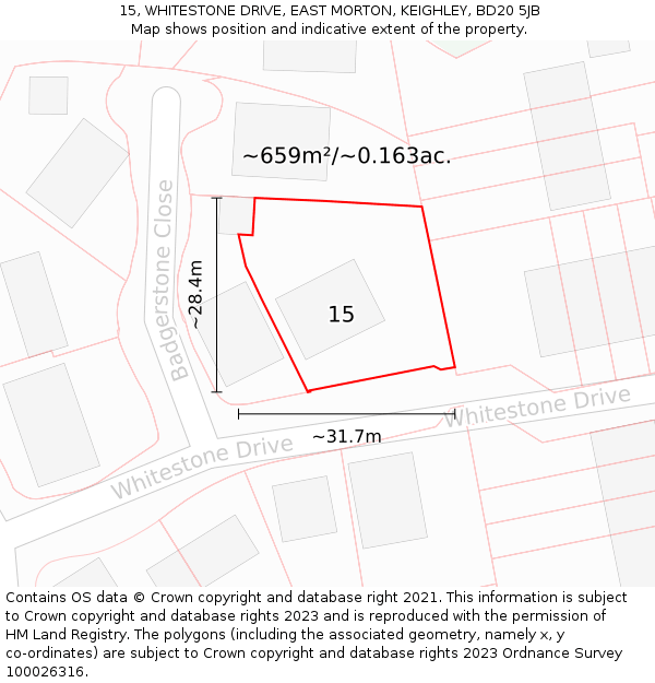15, WHITESTONE DRIVE, EAST MORTON, KEIGHLEY, BD20 5JB: Plot and title map