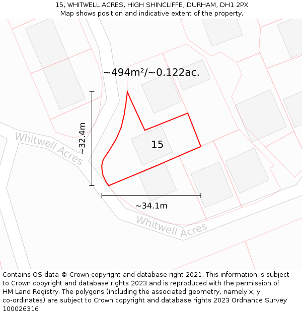 15, WHITWELL ACRES, HIGH SHINCLIFFE, DURHAM, DH1 2PX: Plot and title map