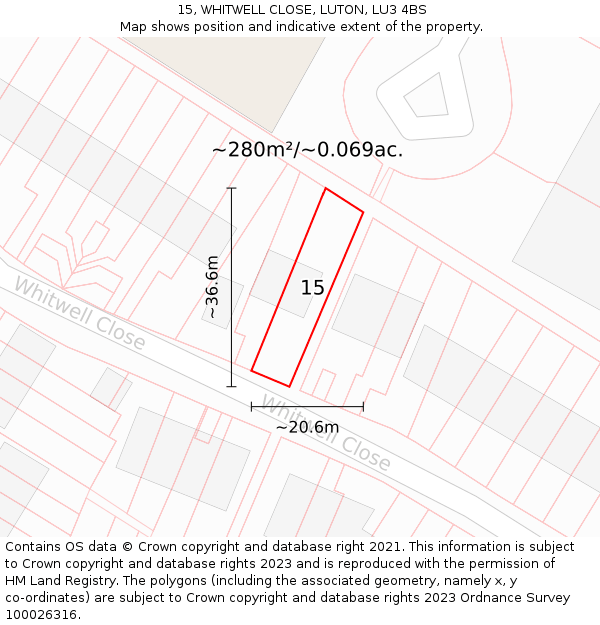 15, WHITWELL CLOSE, LUTON, LU3 4BS: Plot and title map