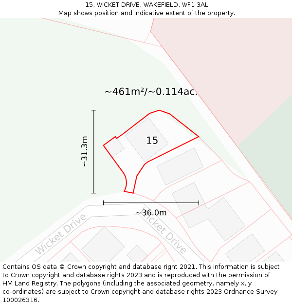 15, WICKET DRIVE, WAKEFIELD, WF1 3AL: Plot and title map