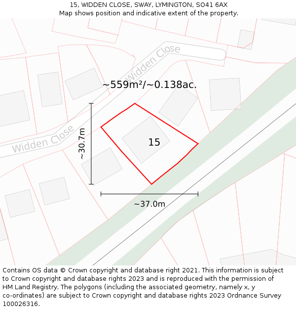 15, WIDDEN CLOSE, SWAY, LYMINGTON, SO41 6AX: Plot and title map