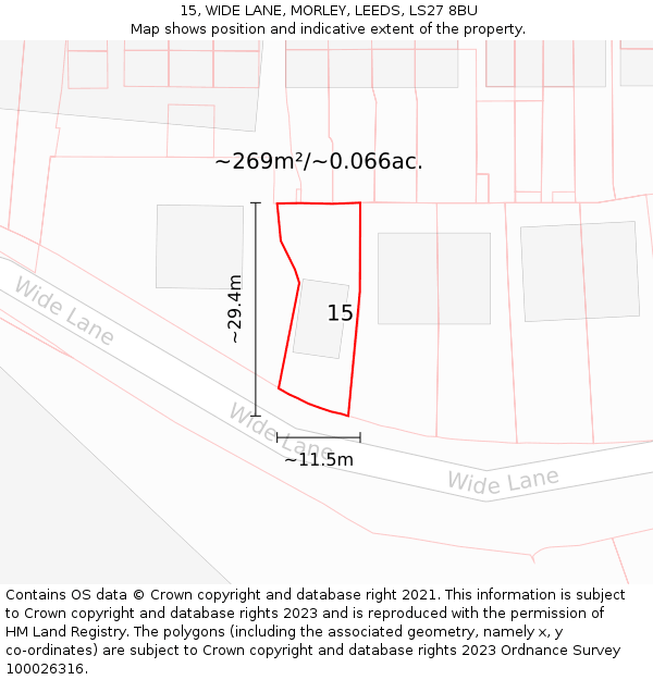 15, WIDE LANE, MORLEY, LEEDS, LS27 8BU: Plot and title map