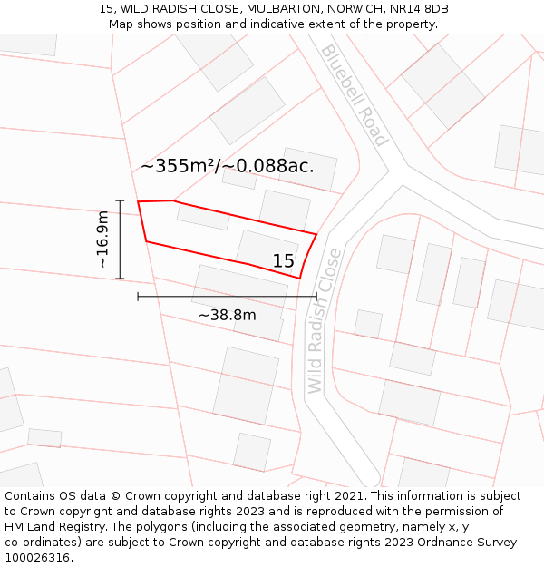 15, WILD RADISH CLOSE, MULBARTON, NORWICH, NR14 8DB: Plot and title map