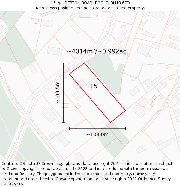 15, WILDERTON ROAD, POOLE, BH13 6ED: Plot and title map