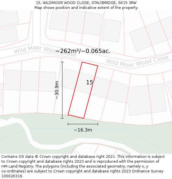 15, WILDMOOR WOOD CLOSE, STALYBRIDGE, SK15 3RW: Plot and title map