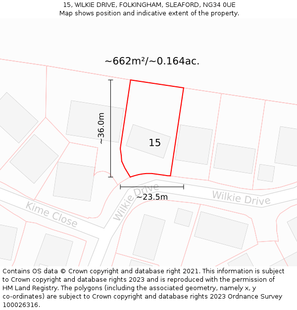 15, WILKIE DRIVE, FOLKINGHAM, SLEAFORD, NG34 0UE: Plot and title map