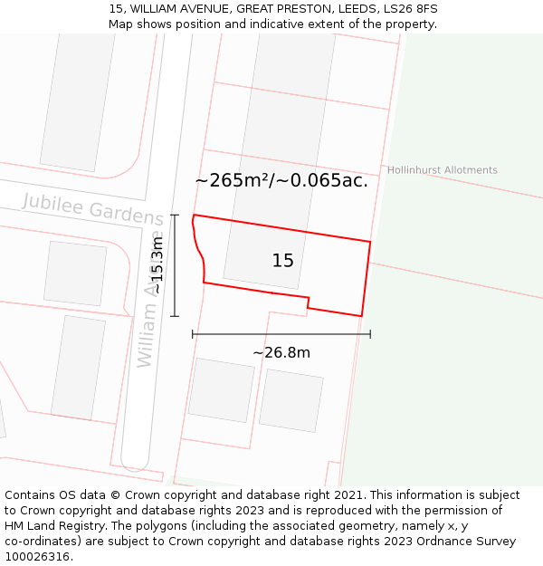 15, WILLIAM AVENUE, GREAT PRESTON, LEEDS, LS26 8FS: Plot and title map