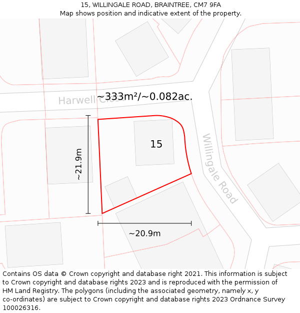 15, WILLINGALE ROAD, BRAINTREE, CM7 9FA: Plot and title map