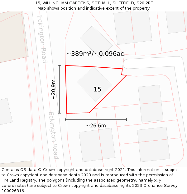 15, WILLINGHAM GARDENS, SOTHALL, SHEFFIELD, S20 2PE: Plot and title map