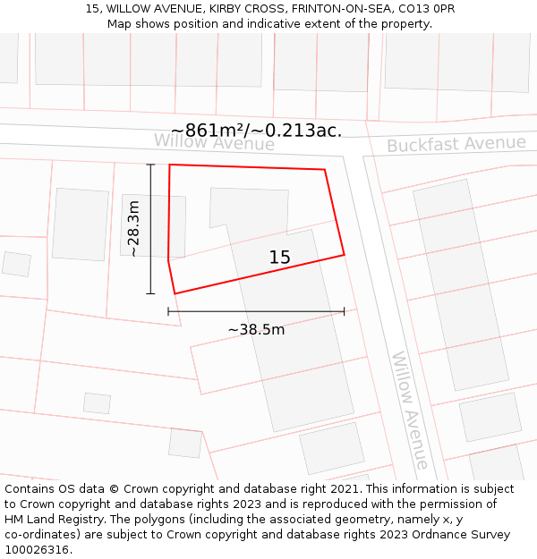 15, WILLOW AVENUE, KIRBY CROSS, FRINTON-ON-SEA, CO13 0PR: Plot and title map