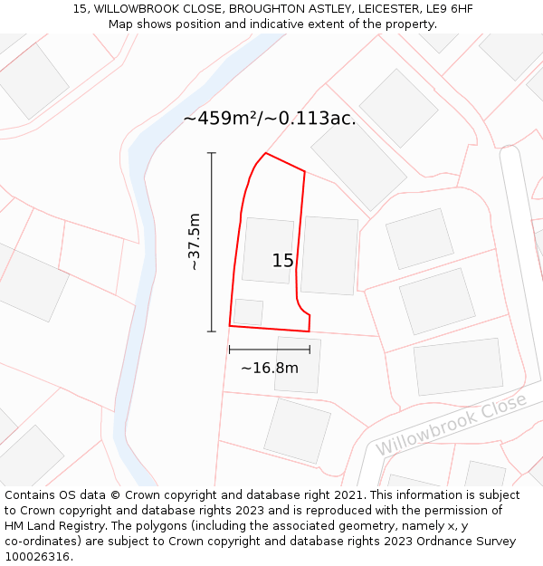 15, WILLOWBROOK CLOSE, BROUGHTON ASTLEY, LEICESTER, LE9 6HF: Plot and title map