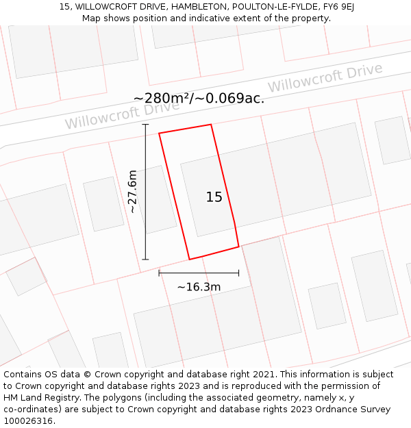 15, WILLOWCROFT DRIVE, HAMBLETON, POULTON-LE-FYLDE, FY6 9EJ: Plot and title map