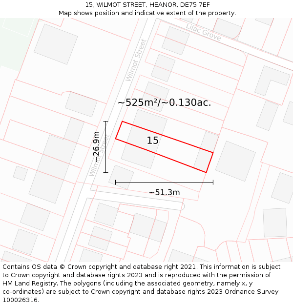 15, WILMOT STREET, HEANOR, DE75 7EF: Plot and title map