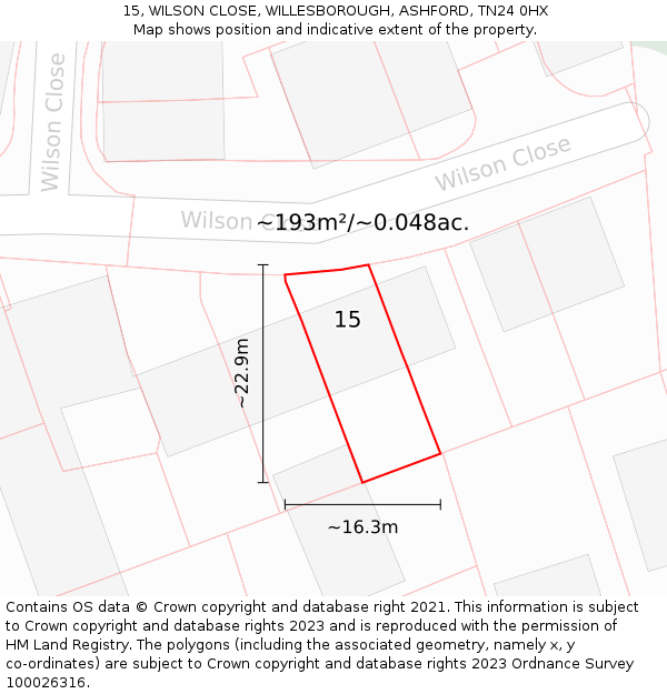 15, WILSON CLOSE, WILLESBOROUGH, ASHFORD, TN24 0HX: Plot and title map