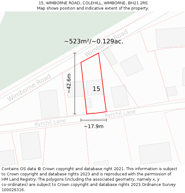 15, WIMBORNE ROAD, COLEHILL, WIMBORNE, BH21 2RS: Plot and title map