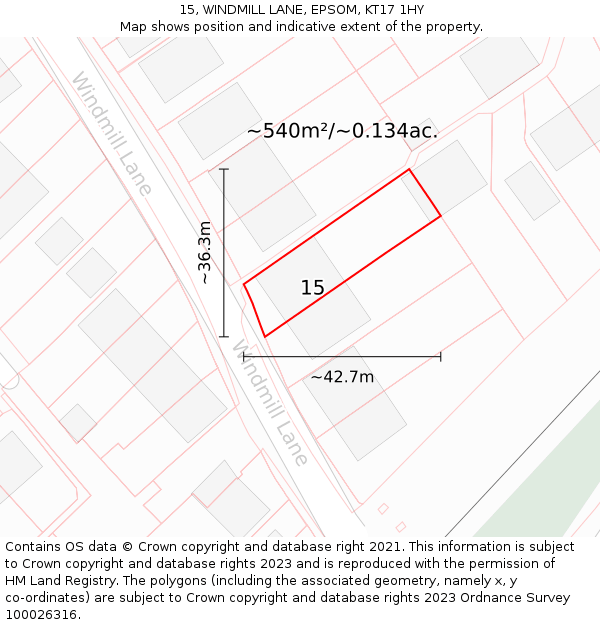 15, WINDMILL LANE, EPSOM, KT17 1HY: Plot and title map