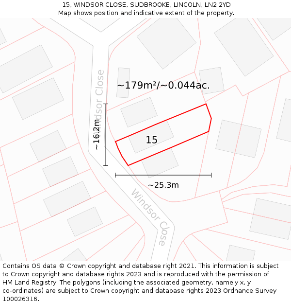 15, WINDSOR CLOSE, SUDBROOKE, LINCOLN, LN2 2YD: Plot and title map