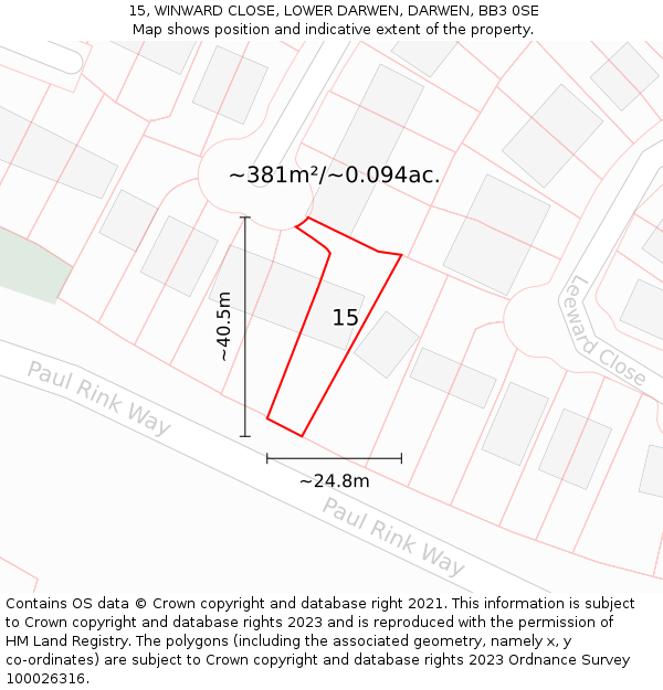 15, WINWARD CLOSE, LOWER DARWEN, DARWEN, BB3 0SE: Plot and title map