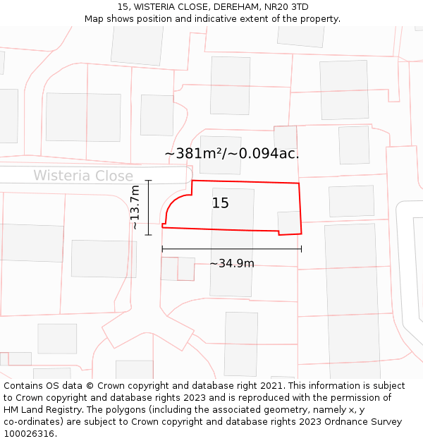 15, WISTERIA CLOSE, DEREHAM, NR20 3TD: Plot and title map