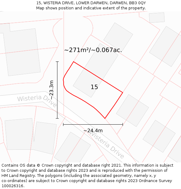 15, WISTERIA DRIVE, LOWER DARWEN, DARWEN, BB3 0QY: Plot and title map