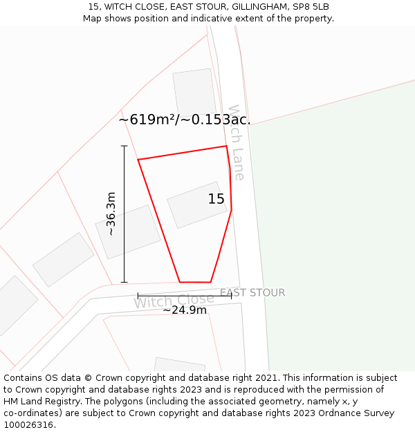 15, WITCH CLOSE, EAST STOUR, GILLINGHAM, SP8 5LB: Plot and title map