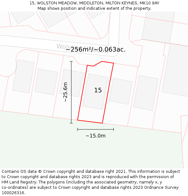 15, WOLSTON MEADOW, MIDDLETON, MILTON KEYNES, MK10 9AY: Plot and title map