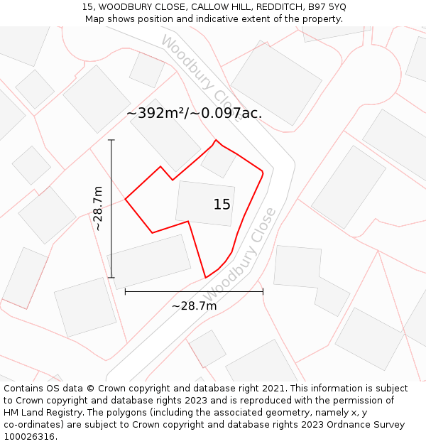 15, WOODBURY CLOSE, CALLOW HILL, REDDITCH, B97 5YQ: Plot and title map