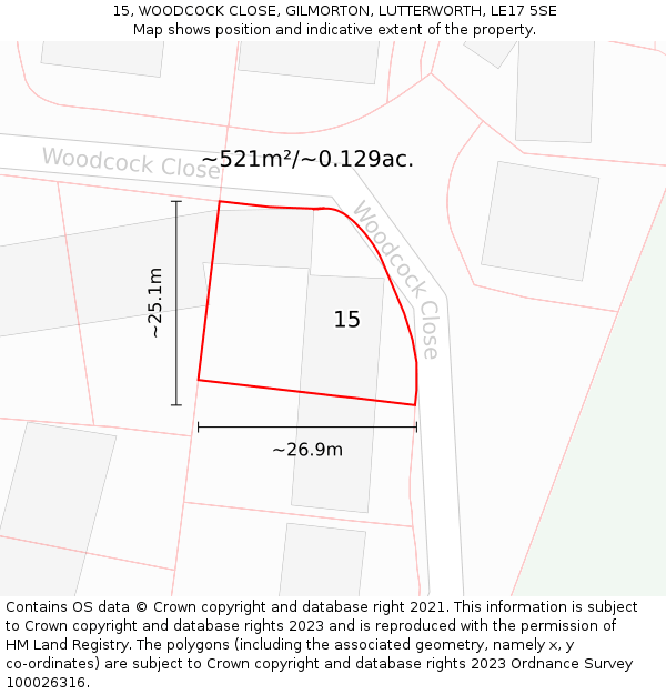 15, WOODCOCK CLOSE, GILMORTON, LUTTERWORTH, LE17 5SE: Plot and title map