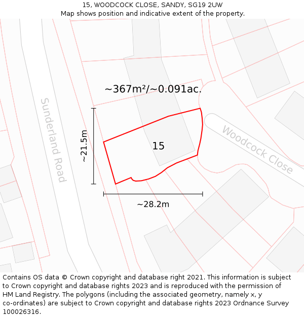 15, WOODCOCK CLOSE, SANDY, SG19 2UW: Plot and title map