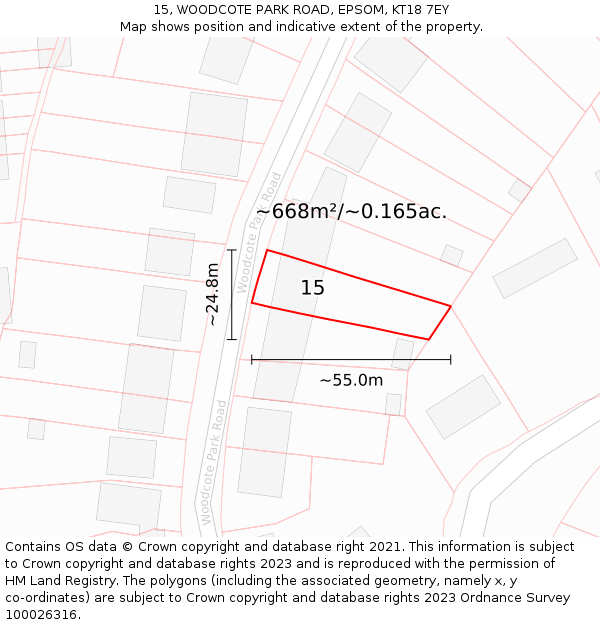 15, WOODCOTE PARK ROAD, EPSOM, KT18 7EY: Plot and title map