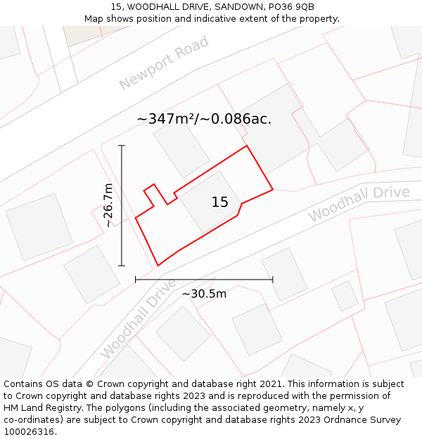 15, WOODHALL DRIVE, SANDOWN, PO36 9QB: Plot and title map