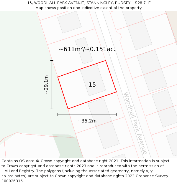 15, WOODHALL PARK AVENUE, STANNINGLEY, PUDSEY, LS28 7HF: Plot and title map