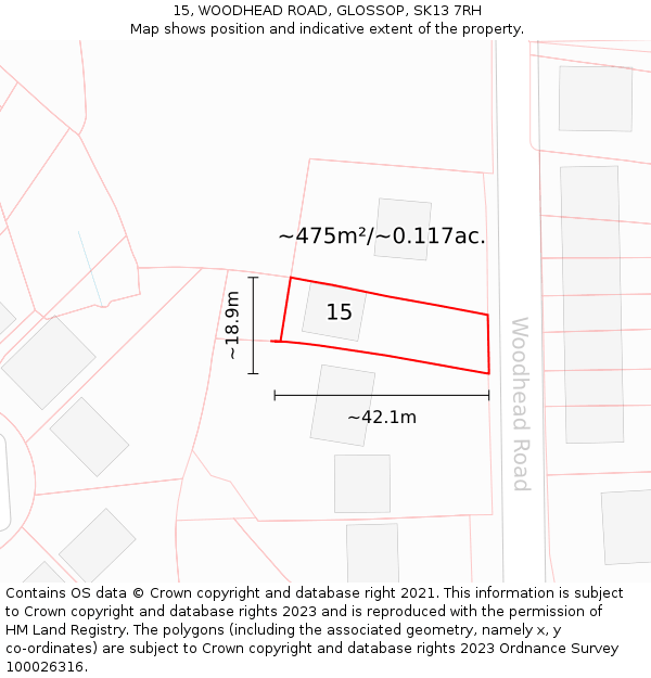 15, WOODHEAD ROAD, GLOSSOP, SK13 7RH: Plot and title map