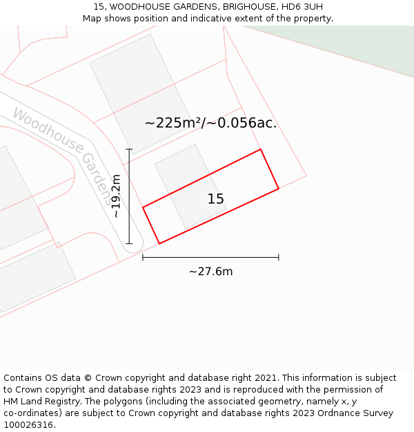 15, WOODHOUSE GARDENS, BRIGHOUSE, HD6 3UH: Plot and title map