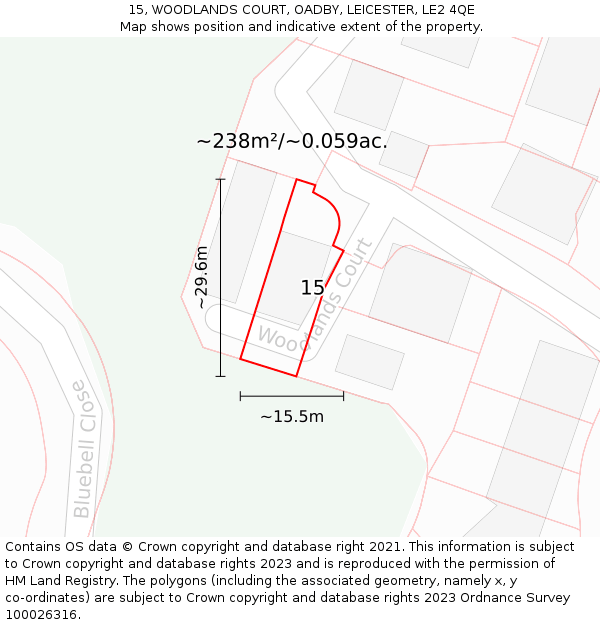 15, WOODLANDS COURT, OADBY, LEICESTER, LE2 4QE: Plot and title map