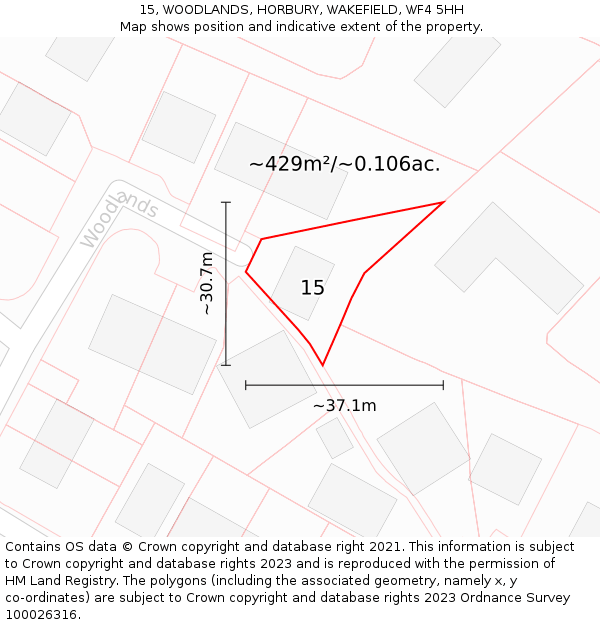 15, WOODLANDS, HORBURY, WAKEFIELD, WF4 5HH: Plot and title map