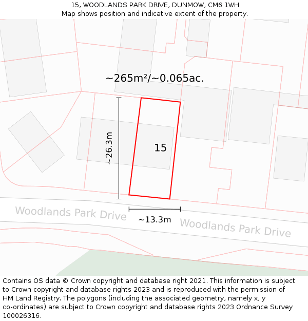 15, WOODLANDS PARK DRIVE, DUNMOW, CM6 1WH: Plot and title map